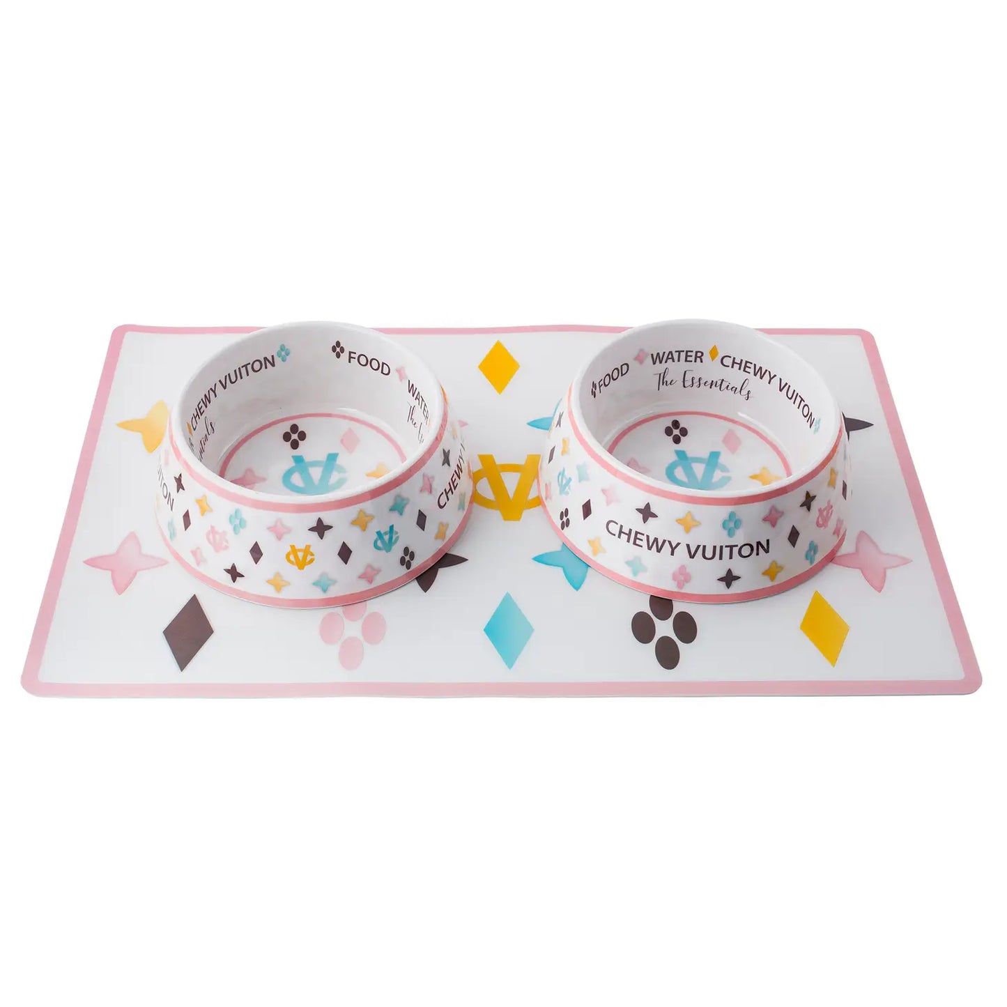 Witte Chewy Vuiton voer/drinkbak set